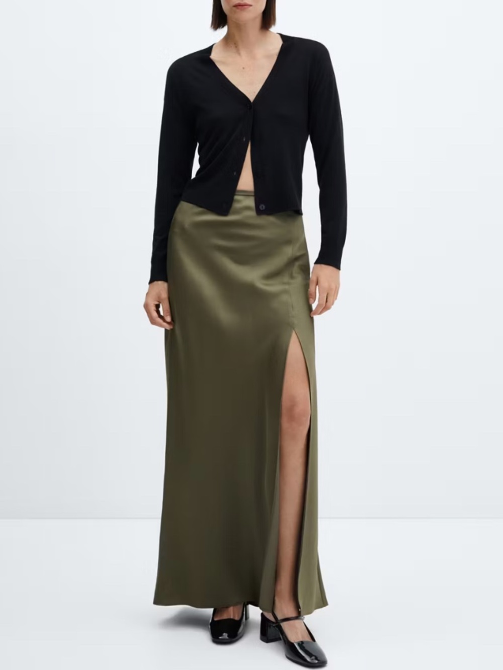 MANGO Olive Green Satin Maxi Skirt Side Slit